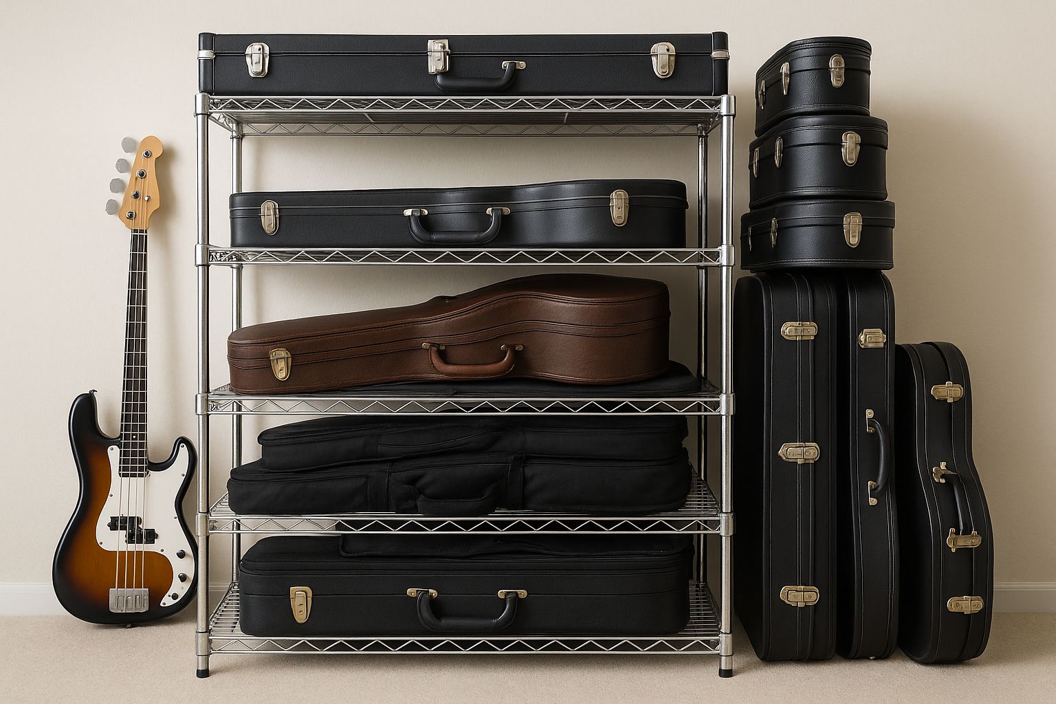 Ein Transporter-Laderaum mit maßgefertigten Regalen voller Instrumentenkoffer.