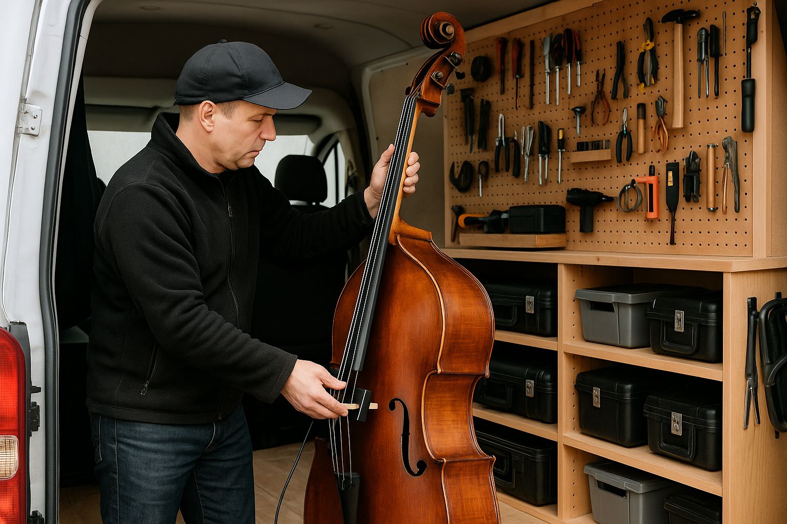 Ein Musiker repariert auf einem Konzert eine Gitarre mit Werkzeugen aus seinem mobilen Werkstatt-Transporter.